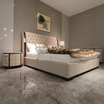 Diamond-Tufted Leather Bed with Curved High-Gloss Wood Side Borders